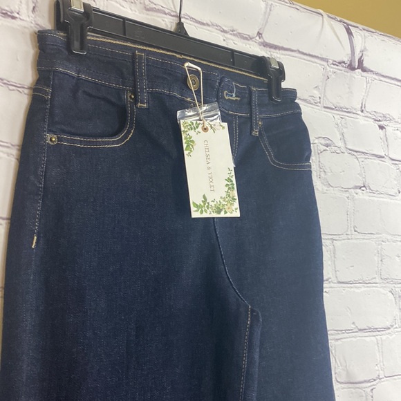 NWT Chelsea & Violet dark denim yellow stitching wide legged wide cuff jean - Picture 9 of 11